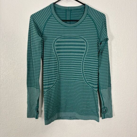 Lululemon Green Striped Swiftly Tech Long Sleeve Workout Top Size 6 - Picture 1 of 7